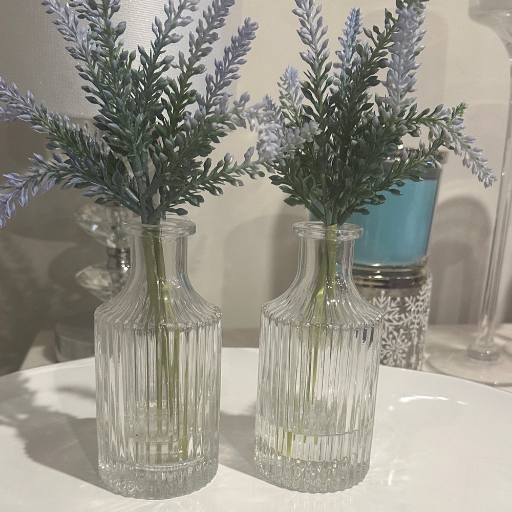 $18 for set Mainstay Ribbed Glass Vases with Lavender Accents set of 2